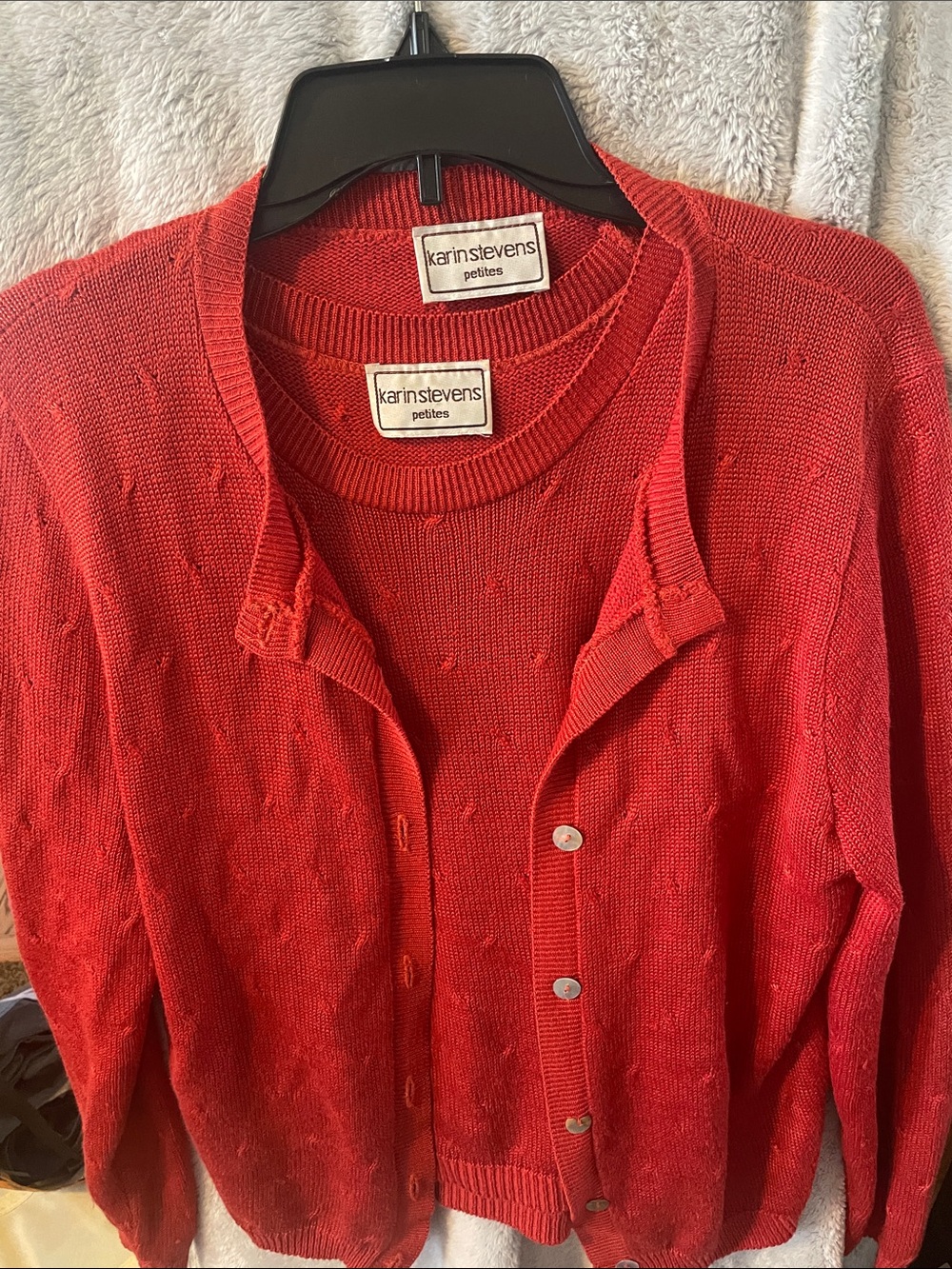 karin stevens dark orange Two-Piece Cardigan and Pullover Sweater Set